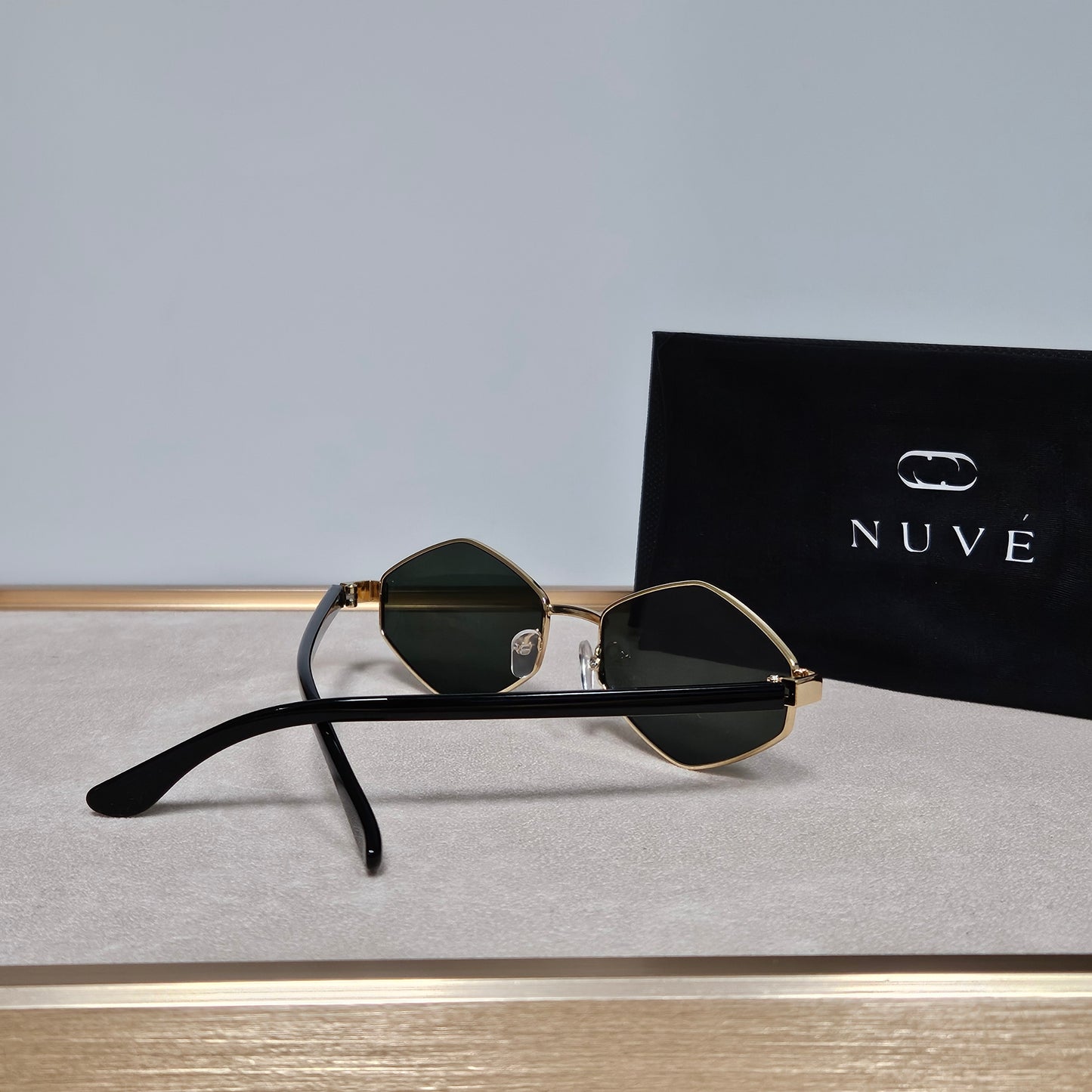 Ivy Sunglasses – Geometric Gold Rim & Green Lens | Nuve Eyewear
