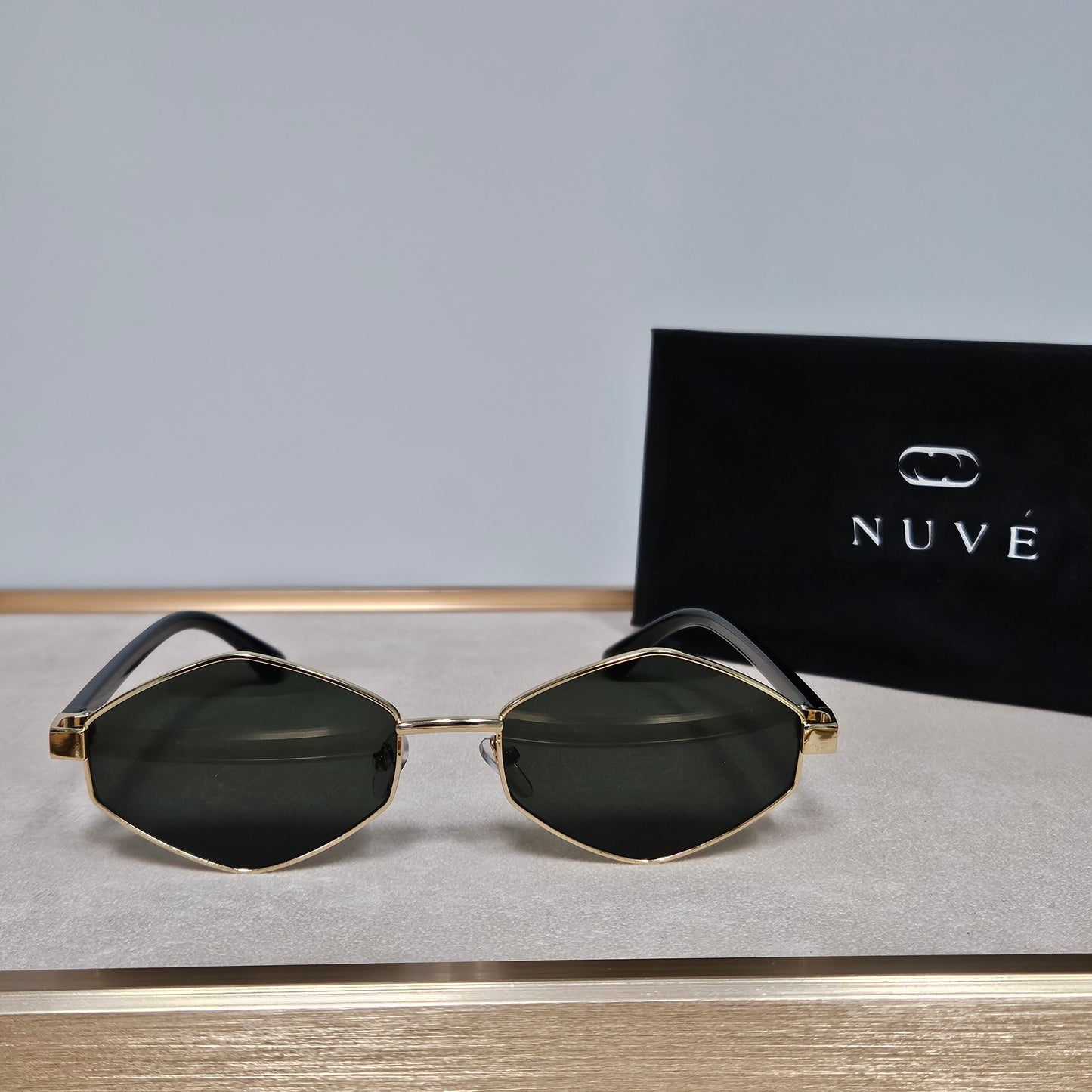 Ivy Sunglasses – Geometric Gold Rim & Green Lens | Nuve Eyewear