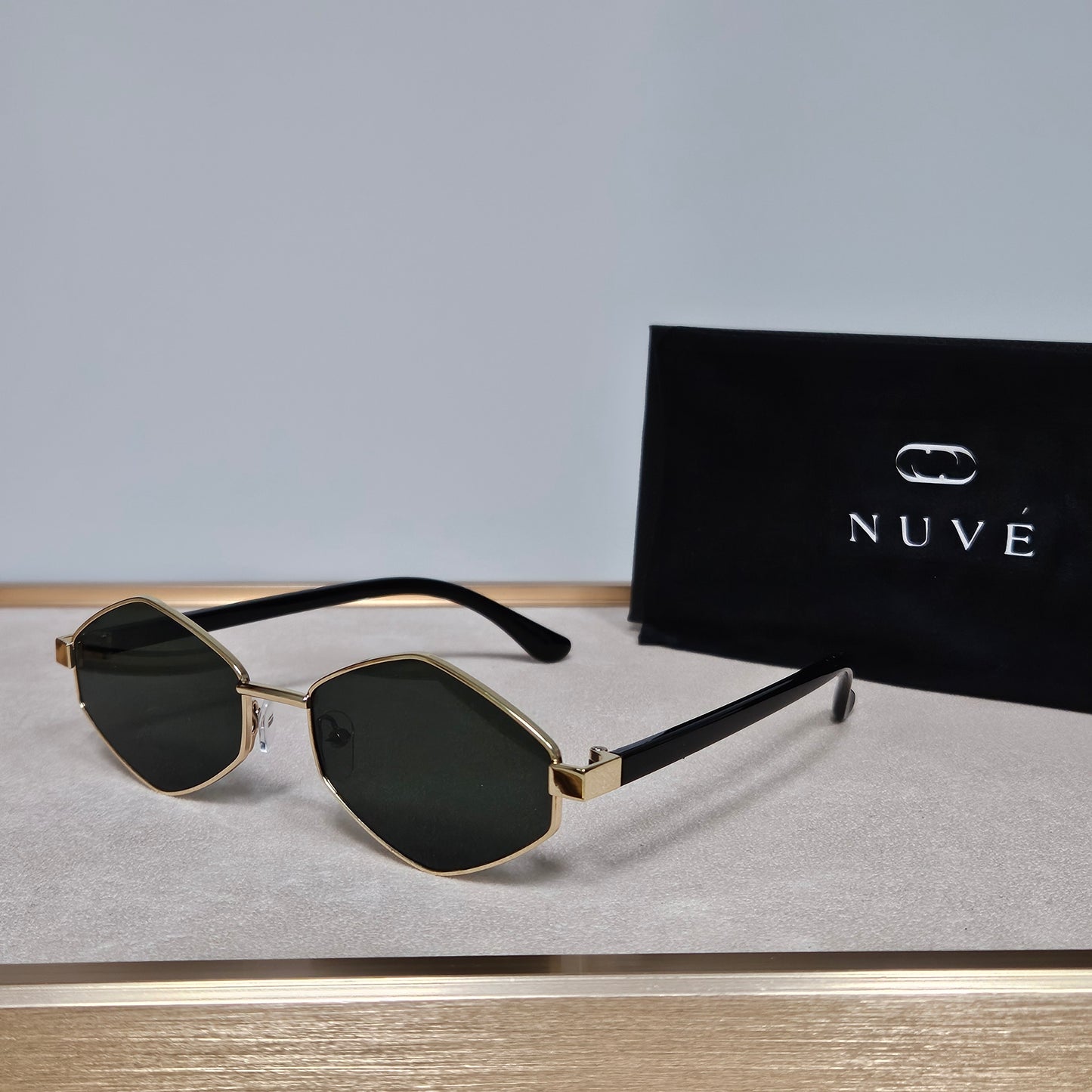 Ivy Sunglasses – Geometric Gold Rim & Green Lens | Nuve Eyewear